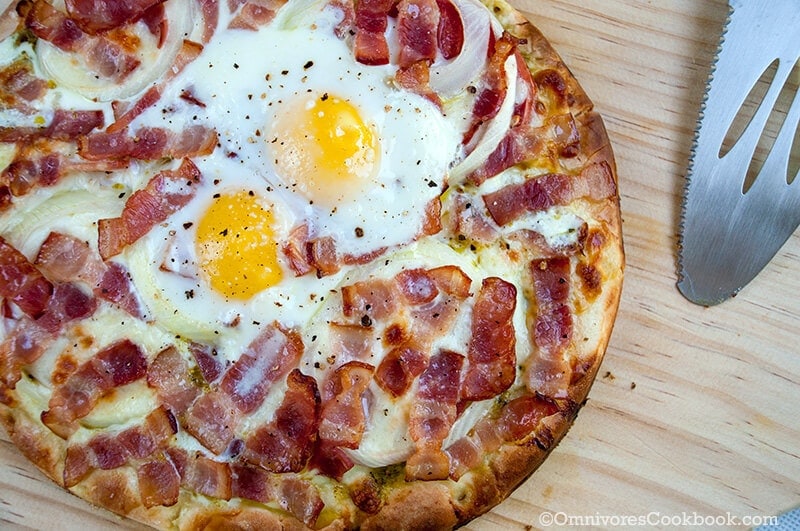 Bacon pesto sunny-side-up egg pizza