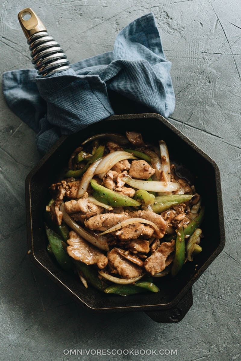 Pork Stir Fry with Pepper in Cast Iron Pan