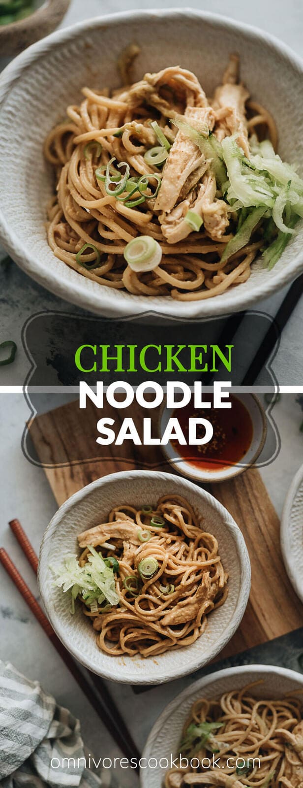 Chinese chicken noodle salad - a perfect summer dish: the noodles and shredded chicken are tossed in a nutty, savory peanut butter based sauce. It’s super easy to prepare and addictively good! {gluten-free adaptable} #asian #healthy #sesame #simple