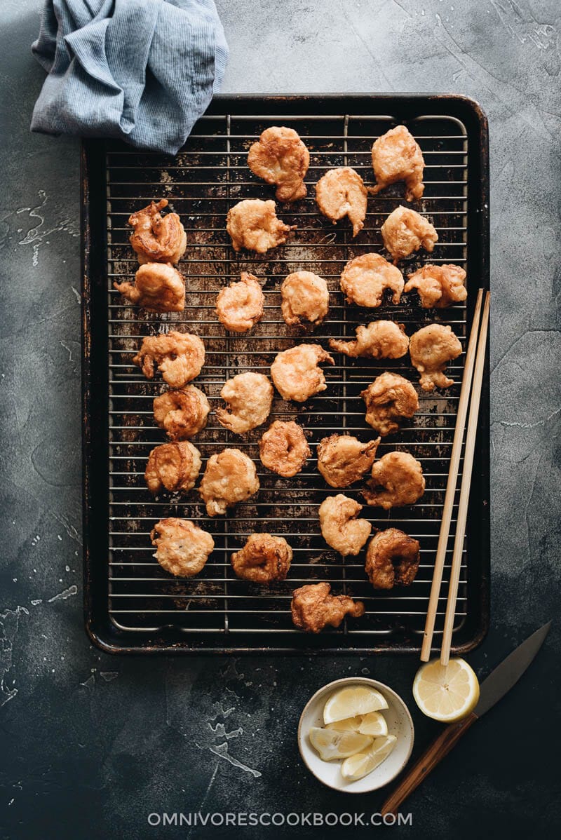 Fried shrimp on cooking rack