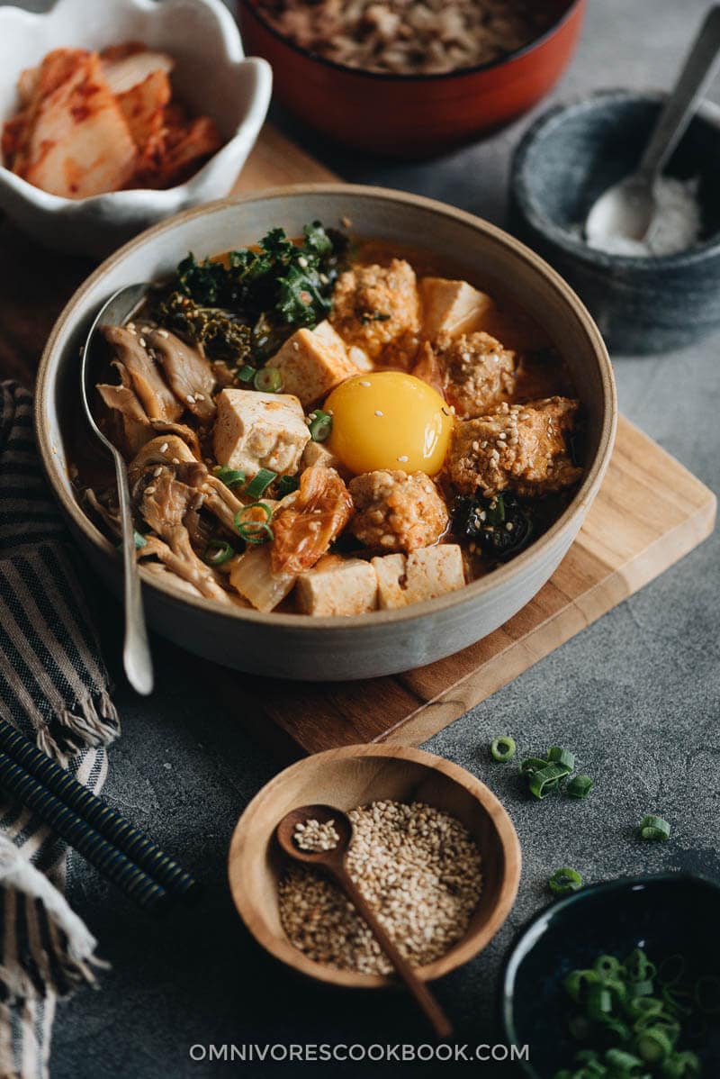 Kimchi Stew with Tofu and Meatballs - A scrumptious one pot dinner loaded with veggies.