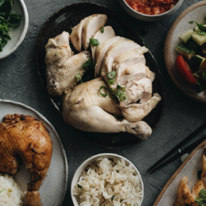 Homemade Hainanese Chicken Rice served with red chili sauce