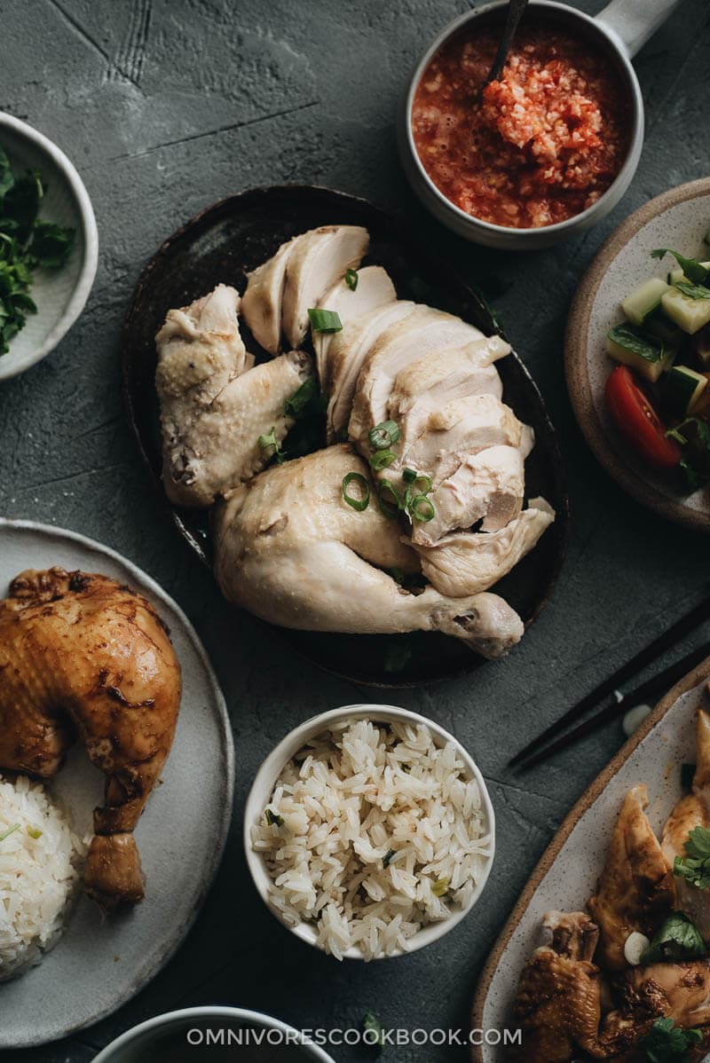 Homemade Hainanese Chicken Rice served with red chili sauce