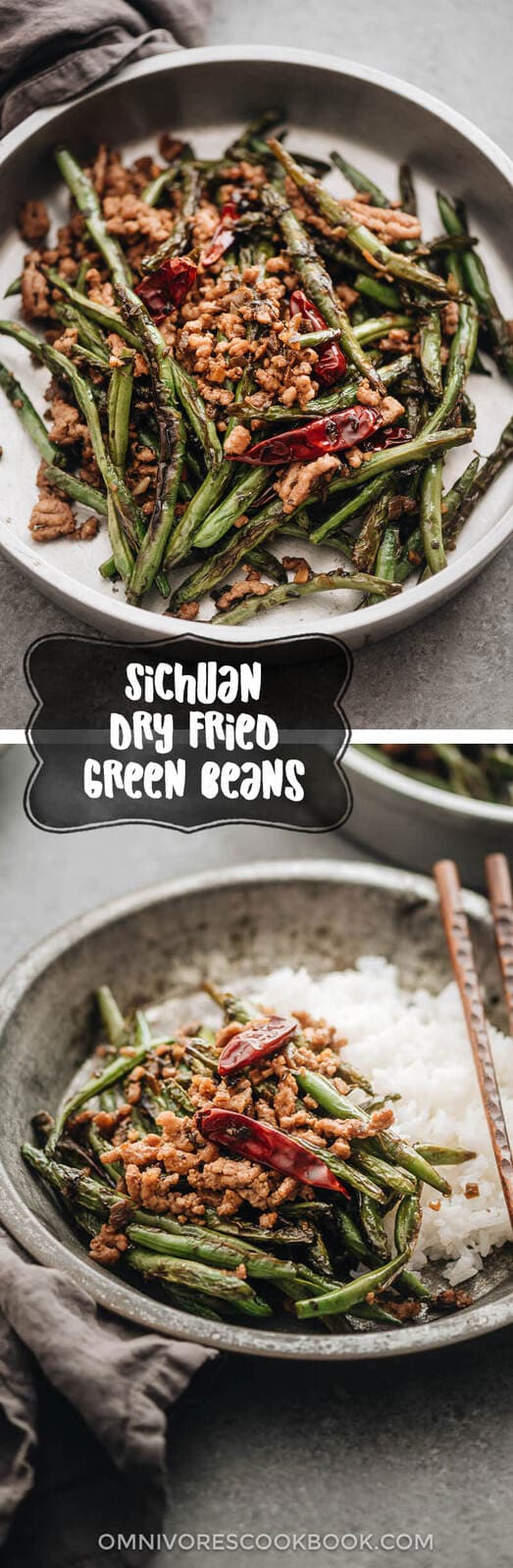Sichuan Dry Fried Green Beans (干煸四季豆) - Blistered and charred green beans are tossed with an aromatic sauce, making this dish too good to pass up, and it’s substantial enough to serve as a main. {Vegan Adaptable, Gluten Free Adaptable}