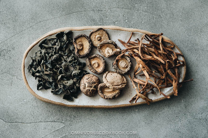 Hot and sour soup dried ingredients - shiitake mushrooms, lily flowers, wood ear mushroom