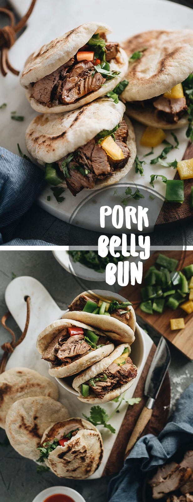 Chinese pork belly bun (Rou Jia Mo, 肉夹馍) - Melt-in-your-mouth braised pork belly stuffed with peppers and cilantro in a fluffy flatbread. They are so irresistible! {Gluten-Free adaptable} #pork #burger #chinese #asian #recipes