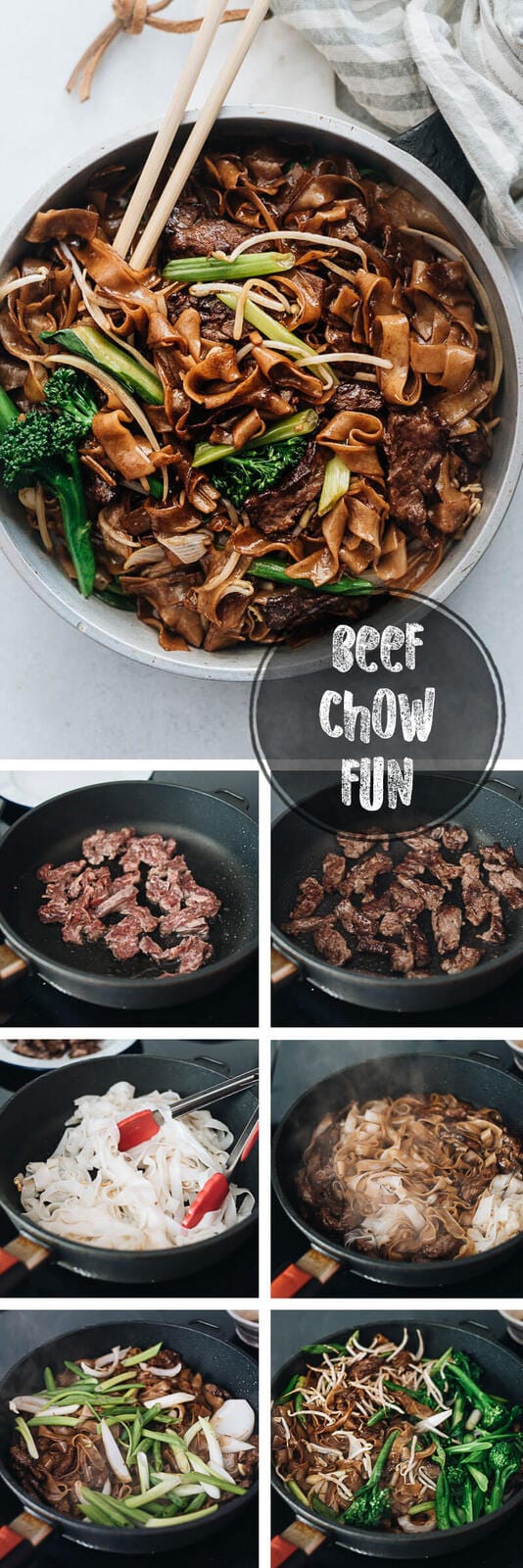 This beef chow fun is loaded with fat noodles, tender steak, and crisp veggies. Even better, now you can cook restaurant-style fried noodles in your home kitchen with a flat skillet! {Gluten-Free Adaptable}