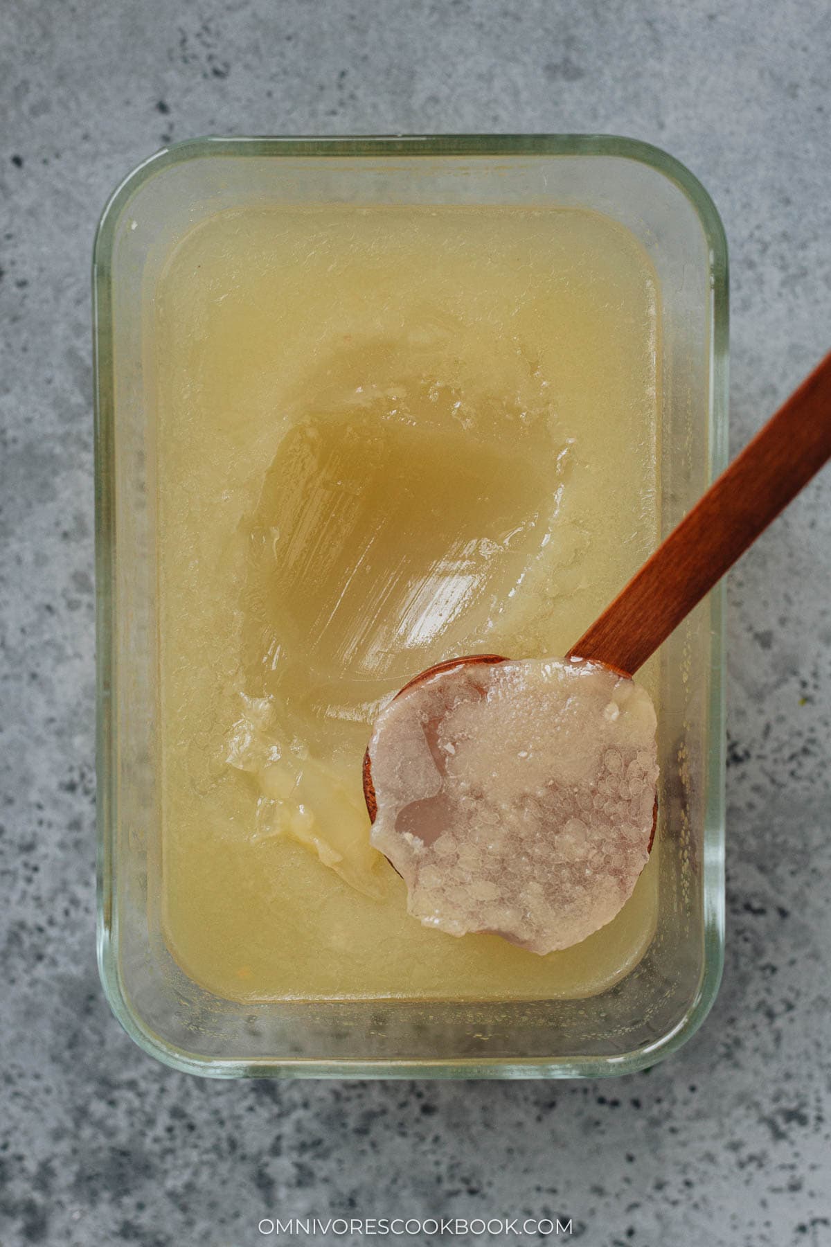 The congealed Chinese chicken stock once cooled off