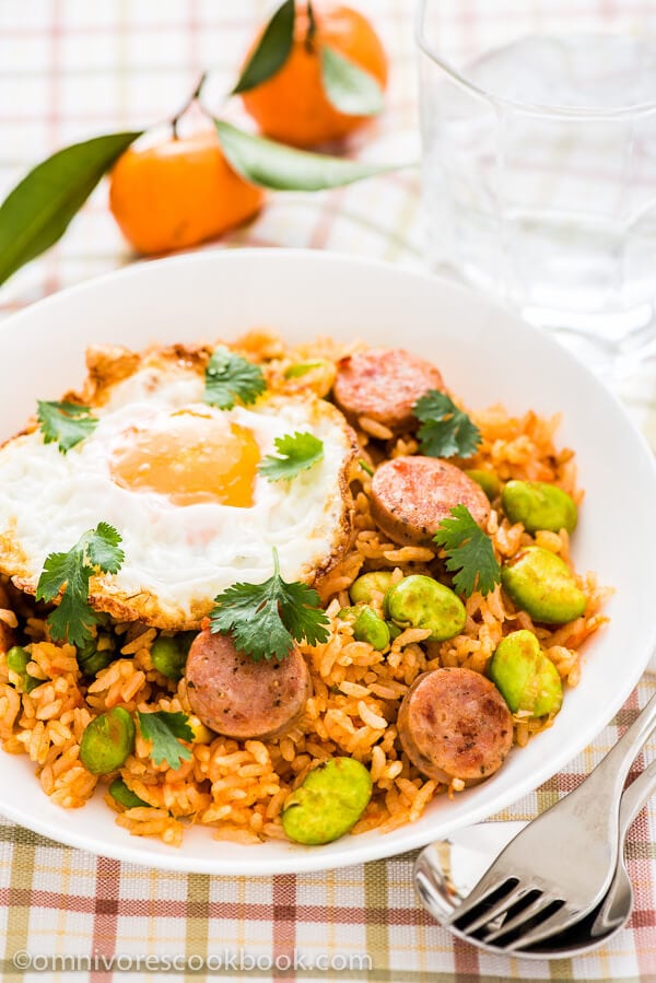 Rice with Sausage, Onion, Ketchup and Sunny-Side-Up Egg