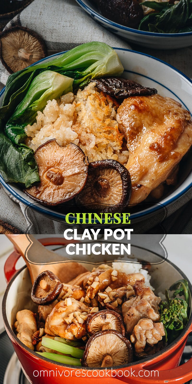 Clay Pot Chicken Rice - This clay pot chicken rice is so addictive! Beyond the greatness of the tender and moist chicken, the rice absorbs all the extract from the mushrooms and chicken grease, and is then seasoned with oyster sauce. It is SO good! My recipe teaches you the easiest way to create a super flavorful one-pot dinner without a clay pot or rice cooker.