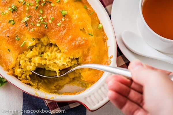 Healthy Mashed Sweet Potato Casserole - They’re so creamy and moist in texture, with a cheesy crust. A quick, satisfying, and healthy side dish that contains only five ingredients | omnivorescookbook.com