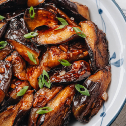 Chinese eggplant in garlic sauce close up