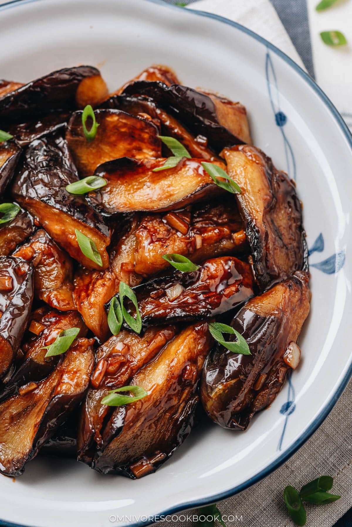 Chinese eggplant in garlic sauce close up