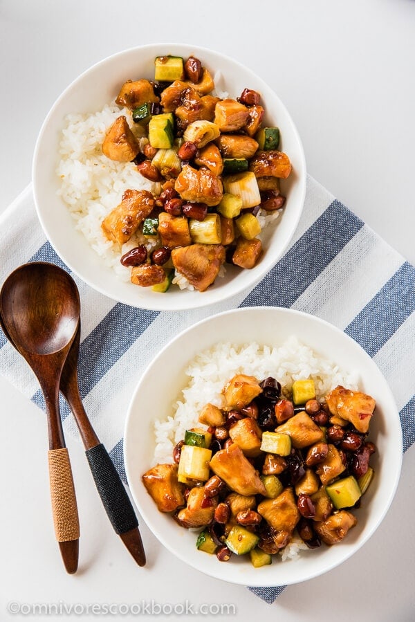 Kung pao chicken - a quick version that only requires 20 minutes to prepare. Use this method and you'll always create moist and tender chicken with no fuss! | omnivorescookbook.com