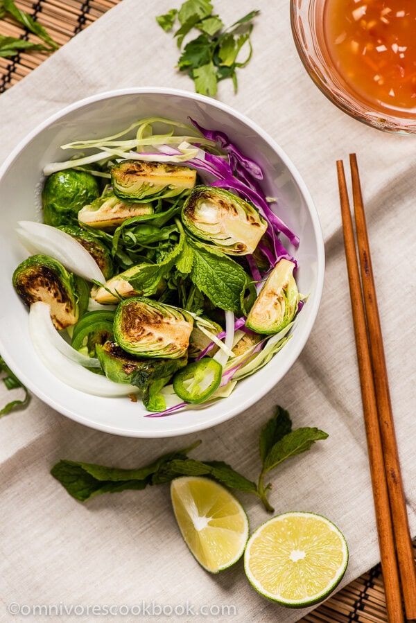 Thai Brussels Sprouts Salad - A wonderful side dish that is bursting with flavor, full of nutrition, and can be on the table in 30 minutes. | omnivorescookbook.com
