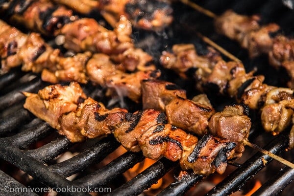 Cha Siu kebab (Chinese BBQ) - Chinese BBQ + smokiness from charcoal = perfection. The recipe includes ways to cook chicken and pork. You can choose to make kebabs or use bigger cuts of meat. | omnivorescookbook.com