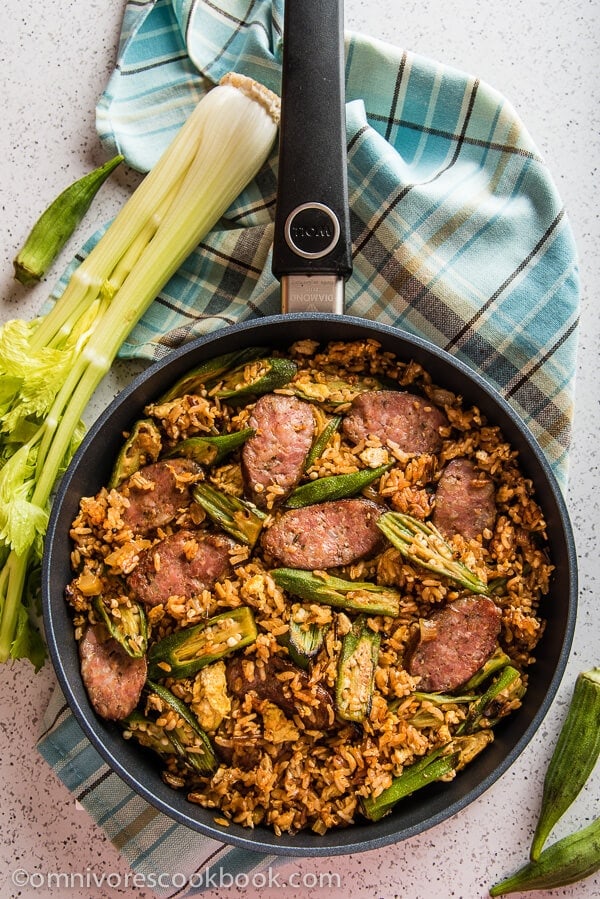 Jambalaya Fried Rice - Use cajun seasonings with smoked sausage and okra to create this fusion rendition of a classic dish in 30 minutes! | omnivorescookbook.com