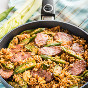 Jambalaya Fried Rice - Use cajun seasonings with smoked sausage and okra to create this fusion rendition of a classic dish in 30 minutes! | omnivorescookbook.com