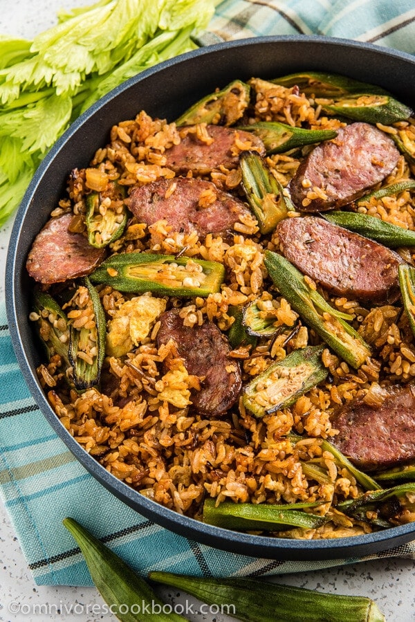 Jambalaya Fried Rice - Use cajun seasonings with smoked sausage and okra to create this fusion rendition of a classic dish in 30 minutes! | omnivorescookbook.com