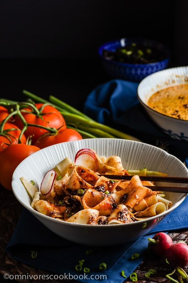 Biang Biang Noodles - With a spoonful of savory seasoned soy sauce and fresh, nutty hot sauce, the thick and meaty handmade noodles will bring you to foodgasm! | omnivorescookbook.com