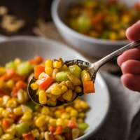 Stir Fried Corn with Pine Nuts (松仁玉米) - The sweet corn kernels, pine nuts, cucumber, and carrot are lightly seasoned with green onion, salt, and sugar. Every ingredient comes together to create a hearty meal that is nutty and sweet | omnivorescookbook.com