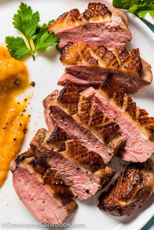 Pan Seared Duck Breast with Persimmon Grapefruit Sauce - With this combination you can create a luxurious fine dining experience in just 30 minutes | omnivorescookbook.com