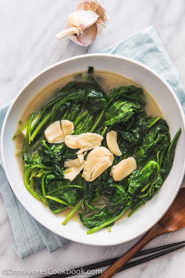 Garlic Spinach in Chicken Broth (上汤菠菜) - The tender spinach is served in a rich and garlicky broth. Originally a restaurant dish, now you can easily make it at home to add delicious leafy greens to your dinner.