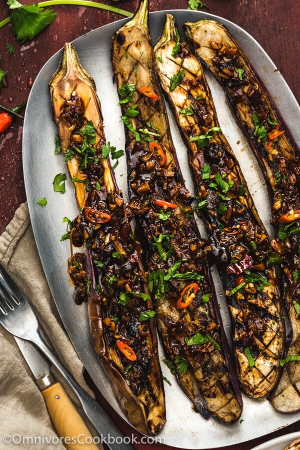 Roasted Eggplant slices topped with a jalapeño garlic sauce- a simple , Eggplant Recipe