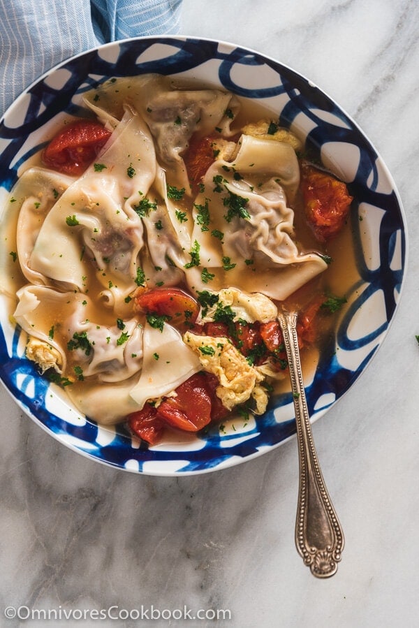 Tomato Beef Wonton - These wontons are filled with fresh herbs, juicy tomatoes, and beef, creating a rich and moist texture, and they’re served in a refreshing tomato egg drop soup. 