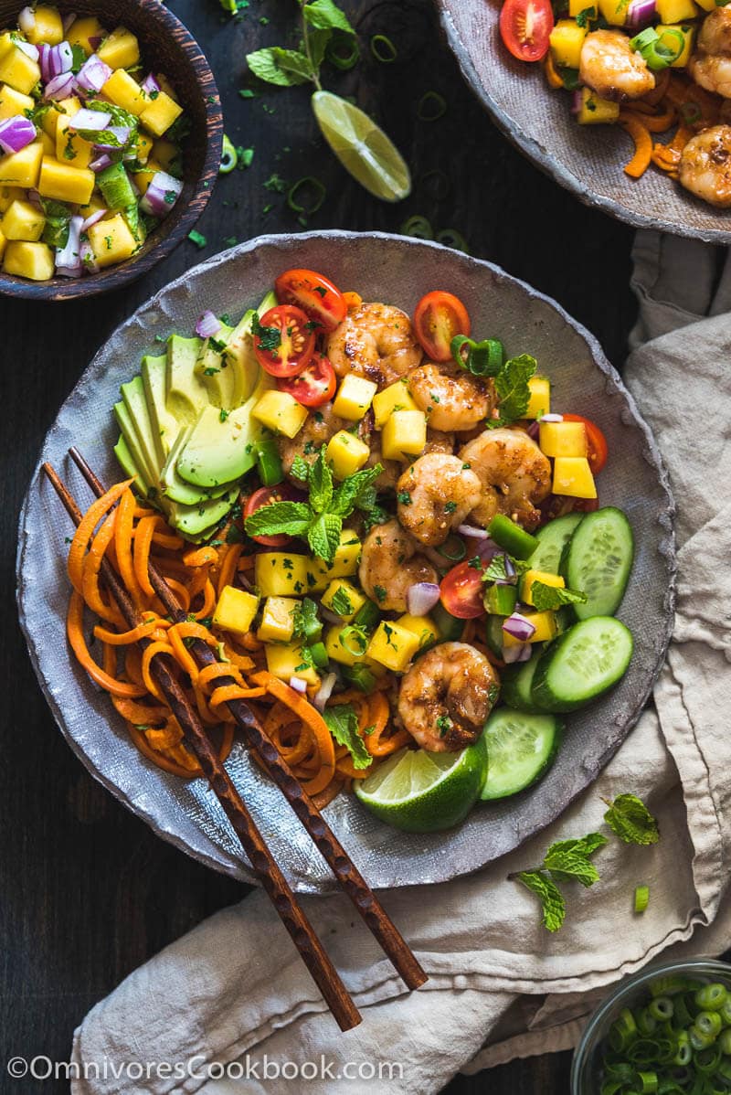 Shrimp Salad Bowl with Mango Salsa - A scrumptious salad bowl that turns leftovers into a paleo bowl of deliciousness packed with nutrition.