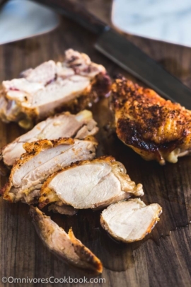 5-Ingredient Baked Chicken Thigh - Perfect for a weekday dinner. All you need is: five minutes active cooking time, five ingredients, and 30 minutes baking time to get the juiciest texture with crispy skin. No brining or broiling required.
