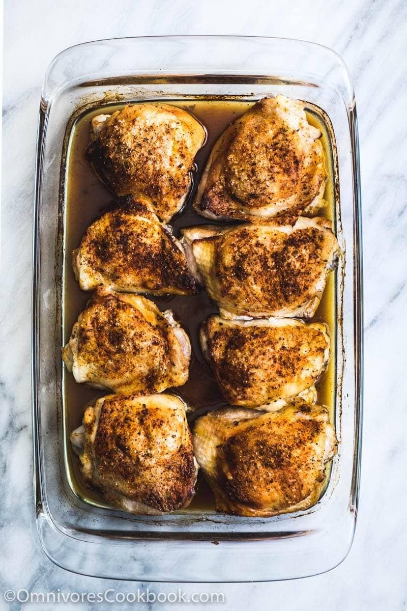 5-Ingredient Baked Chicken Thigh - Perfect for a weekday dinner. All you need is: five minutes active cooking time, five ingredients, and 30 minutes baking time to get the juiciest texture with crispy skin. No brining or broiling required.