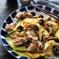 The tender pork, crisp vegetables, crunchy mushrooms, and creamy eggs are brought together by a simple chicken-stock-based sauce, creating a simple and earthy stir fry with great texture and nutrition.
