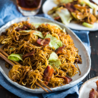 Bacon Pan Fried Noodles - Crispy bacon, charred noodles, sweet cabbage, and caramelized onion make this quick one-bowl meal irresistible!