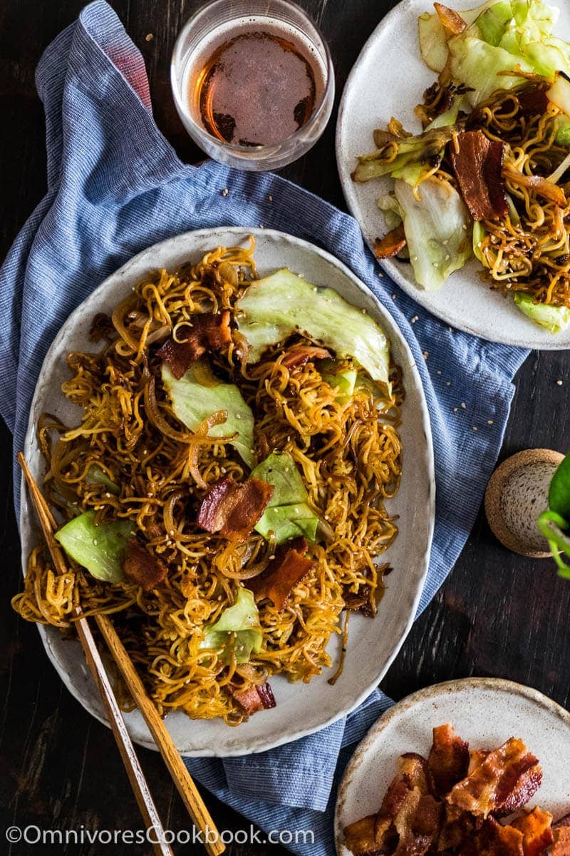 Bacon Pan Fried Noodles - Crispy bacon, charred noodles, sweet cabbage, and caramelized onion make this quick one-bowl meal irresistible!