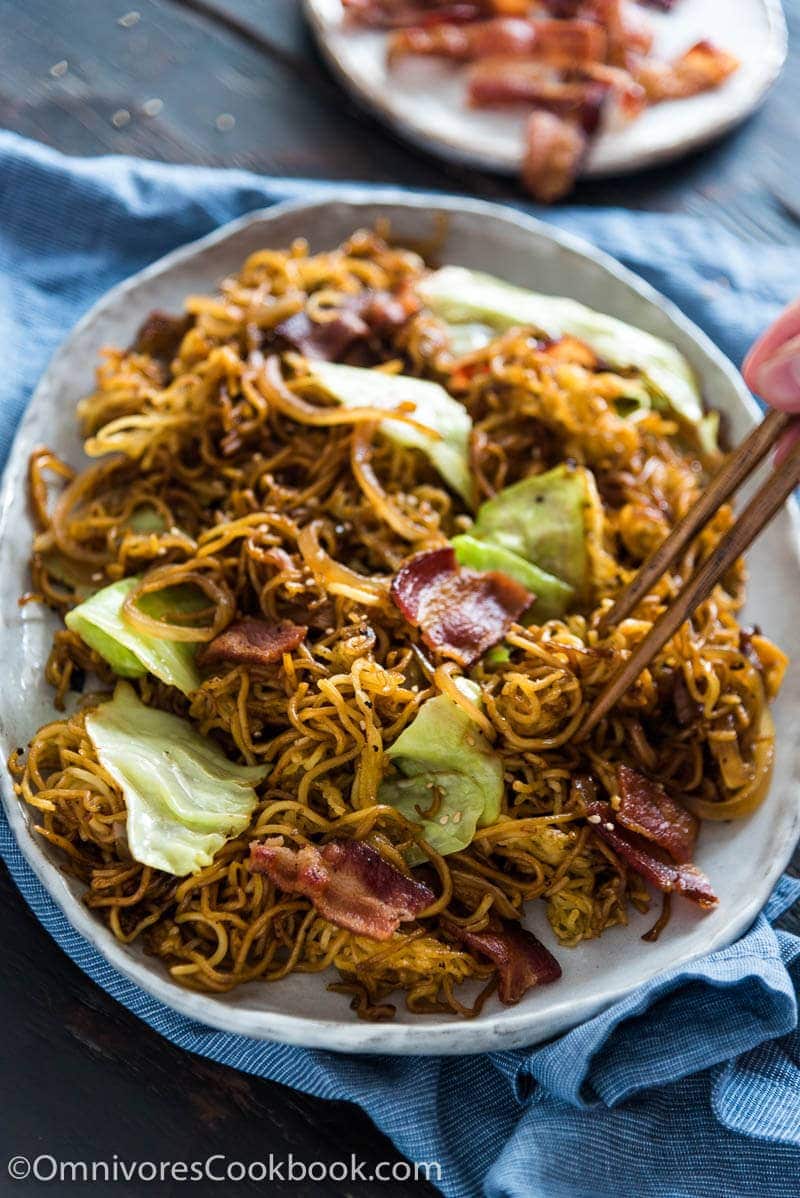 Bacon Pan Fried Noodles - Crispy bacon, charred noodles, sweet cabbage, and caramelized onion make this quick one-bowl meal irresistible!