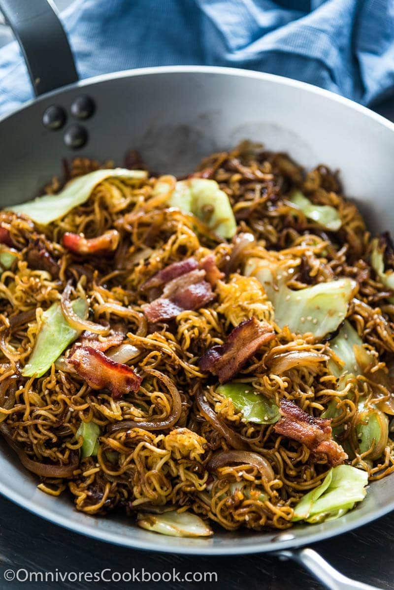 Bacon Pan Fried Noodles - Crispy bacon, charred noodles, sweet cabbage, and caramelized onion make this quick one-bowl meal irresistible!
