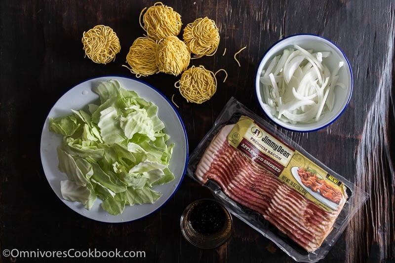 Bacon Pan Fried Noodles - Crispy bacon, charred noodles, sweet cabbage, and caramelized onion make this quick one-bowl meal irresistible!