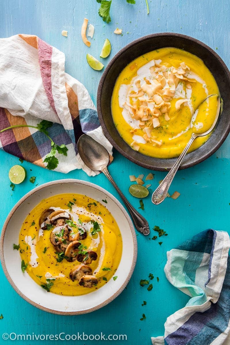 A hearty vegan soup that does not require chopping the squash. {gluten-free, paleo}