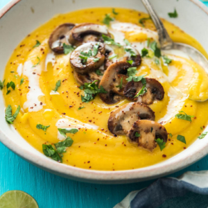 A hearty vegan soup that does not require chopping the squash. {gluten-free, paleo}