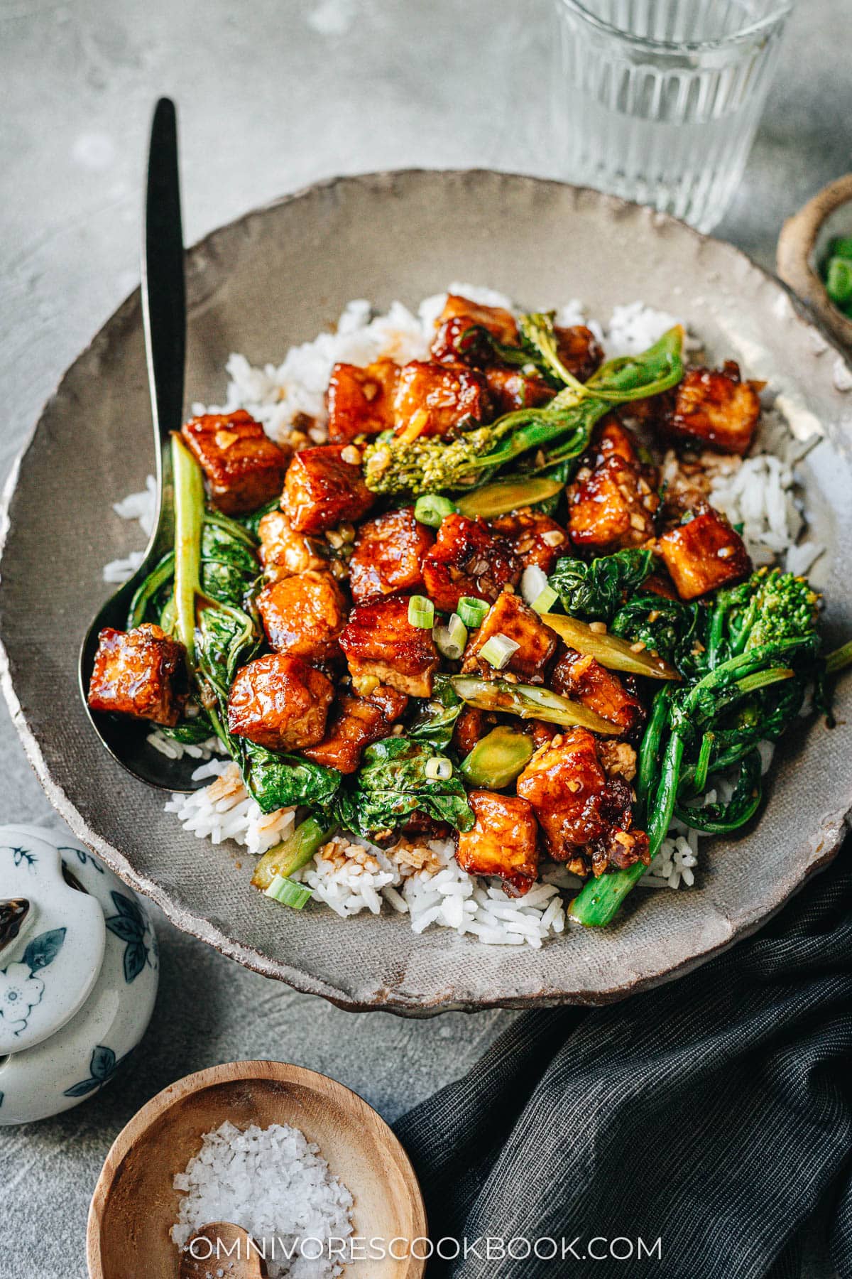 Crispy Tofu with Broccoli Rabe in a sticky sauce over rice