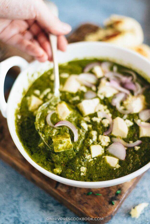 Palak Paneer Recipe (Spinach Curry with Cheese) & Cooking in an Indian ...