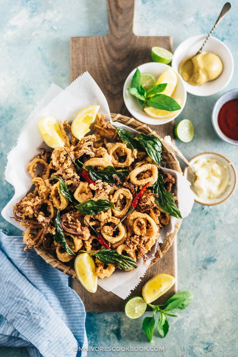 Salt and pepper squid with herb and garlic salt chips recipe