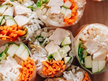 Homemade chicken spring rolls close up
