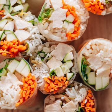 Homemade chicken spring rolls close up