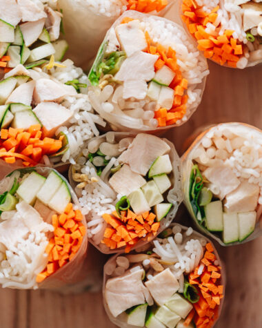 Homemade chicken spring rolls close up