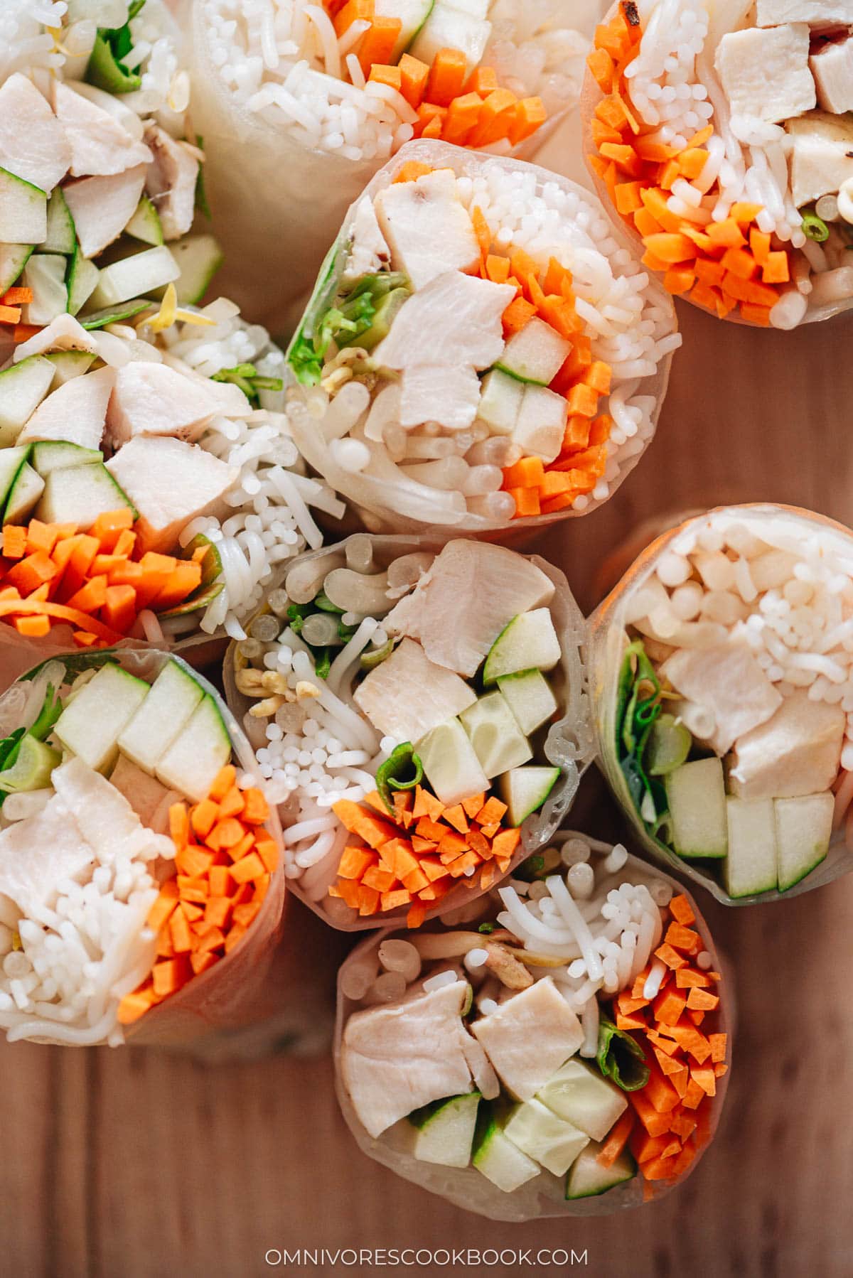 Homemade chicken spring rolls close up