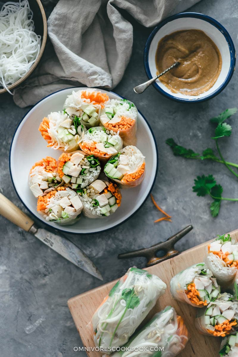 Chicken Spring Rolls with Peanut Sauce | Rice Paper Rolls | Summer Rolls | Gluten Free | Asian | Chinese | Dip | Sauce | Vegetables | Healthy | Recipe | Easy |