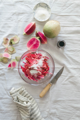 Three-Ingredient Quick Pickled Watermelon Radish | Pickle | Salad | Appetizer | Recipe | Chinese | Asian | Easy | Healthy | Gluten Free | Vegan | Vegetable | Summer |