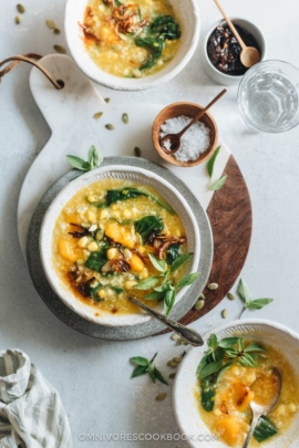 Tinutuan (Indonesian pumpkin porridge) is fragrant, hearty, and loaded with nutrition. It’s the perfect side dish to warm your body and heart as the weather gets cooler. {Gluten-Free, Vegetarian}